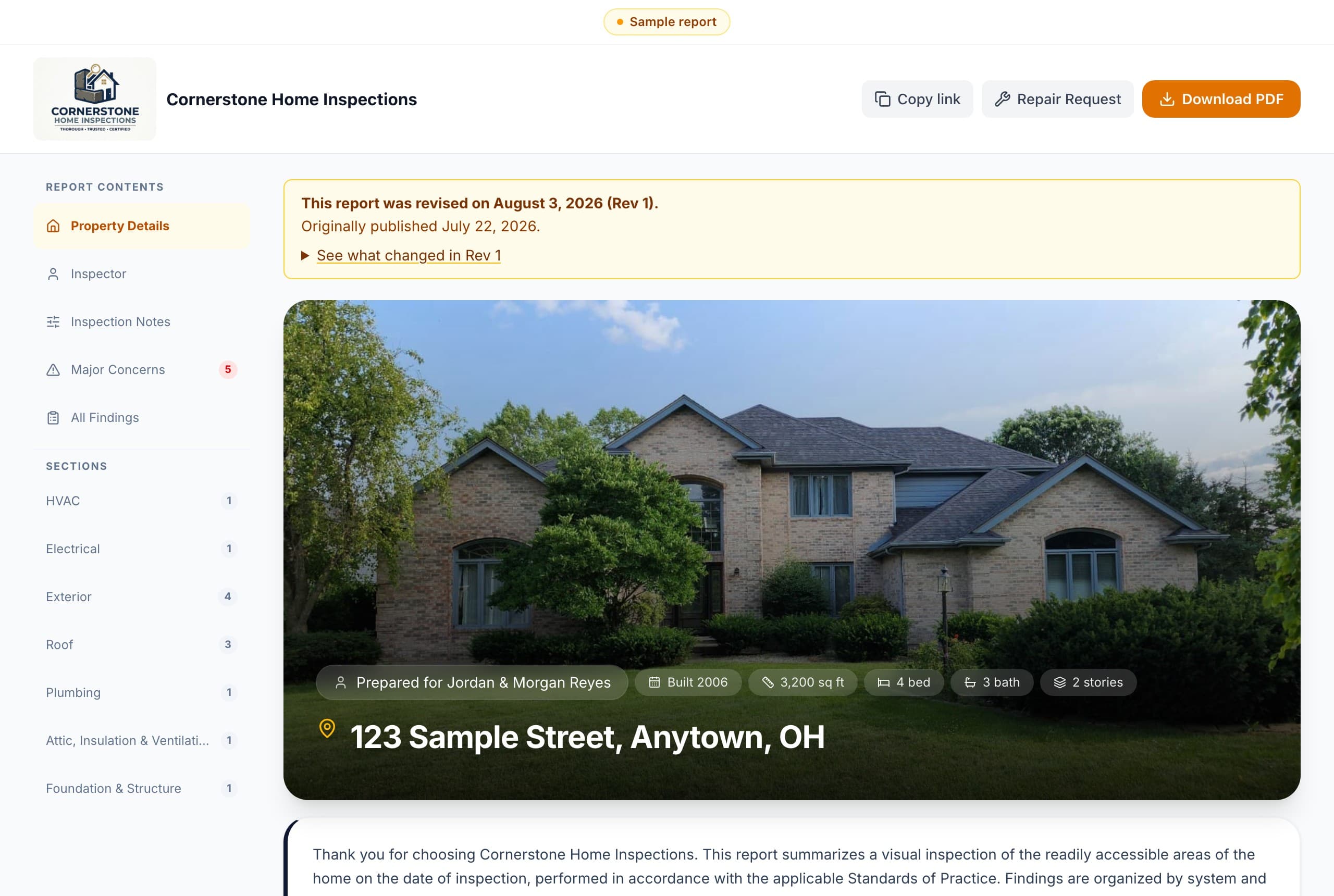 A published InspectSOP report: the inspector's branding, the property cover photo, and a contents list showing five major concerns across HVAC, electrical, exterior, roof and plumbing.